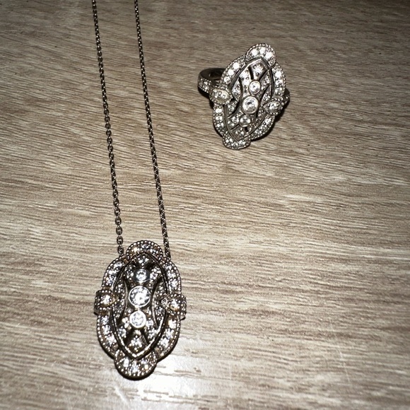 Jewelry - STERLING SILVER CZ ART DECO MILLGRAIN NAVETTE SET - RING AND PENDENT - STUNNING!